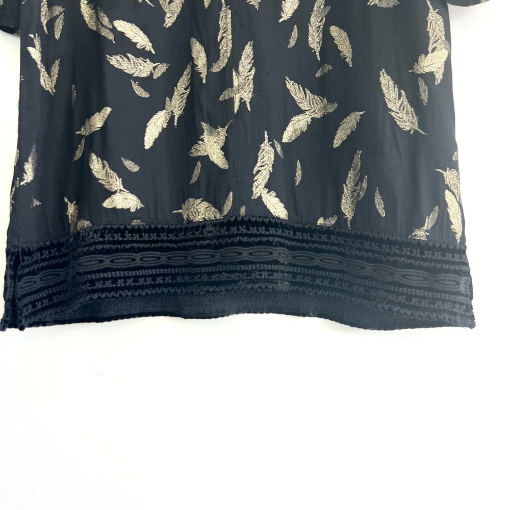 JOHNNY WAS Workshop Black Metallic Gold Feathers Embroidered Hem Mini Dress Sz L - Picture 5 of 16
